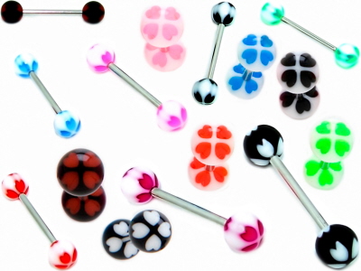 Zungenpiercing/ Nippel & Co Hantel Stecker mit Multi-Color UV Kugeln.