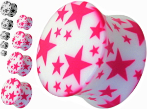 Geprägter Weißer Stern Auf Fuchsia Silikon Ohr Plug - 5MM Bis 24MM
