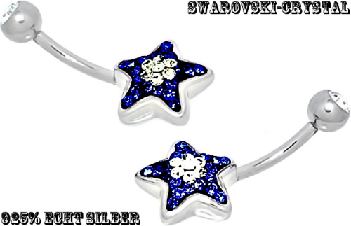 Aangepaste Memoriseren leer SW Crystal 925 Silber Bauchnabel Co Piercing Schmuck Stern Blau Weiß |  SWSK1055